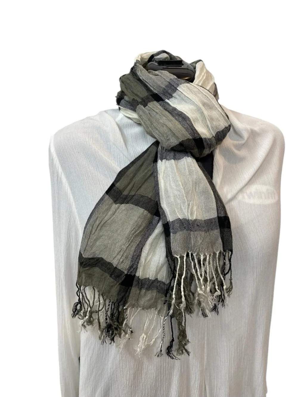 PLAID Scarf lightweight gauzy black gray white bottom fringe